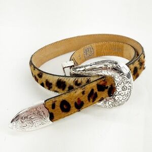 Tony Lama Womens Leopard Print Calf Hair Western Belt Silver Engraved Buckle 26